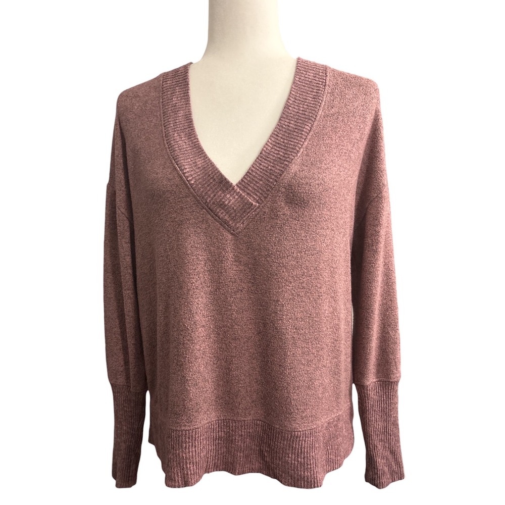 Evereve V Neck Heathered Rose Pink Long Sleeve Oversized Sweater Top Womens XS